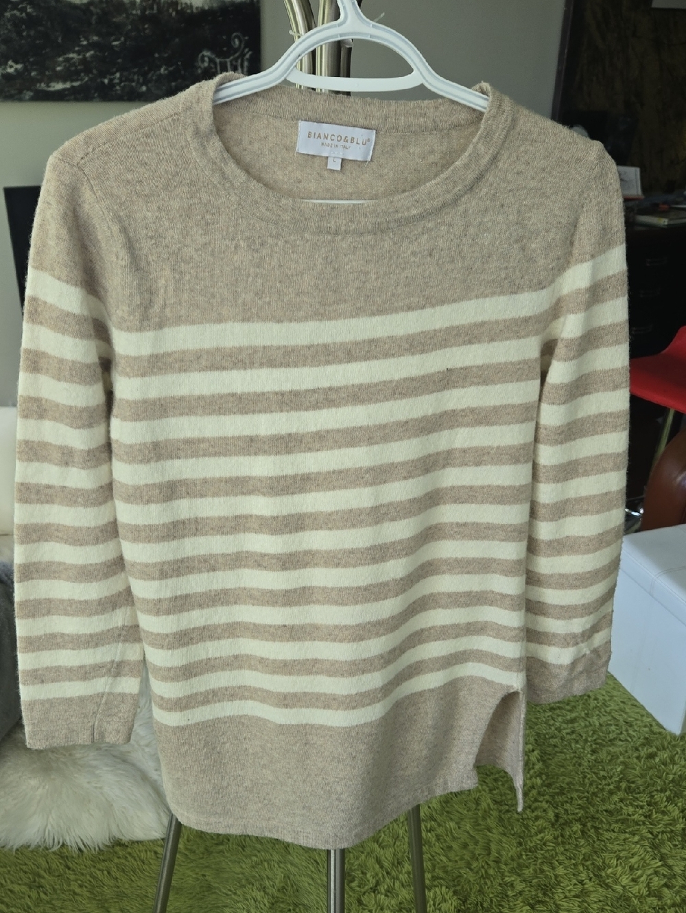 Striped Crewneck Sweater in Beige and Cream Made In Italy